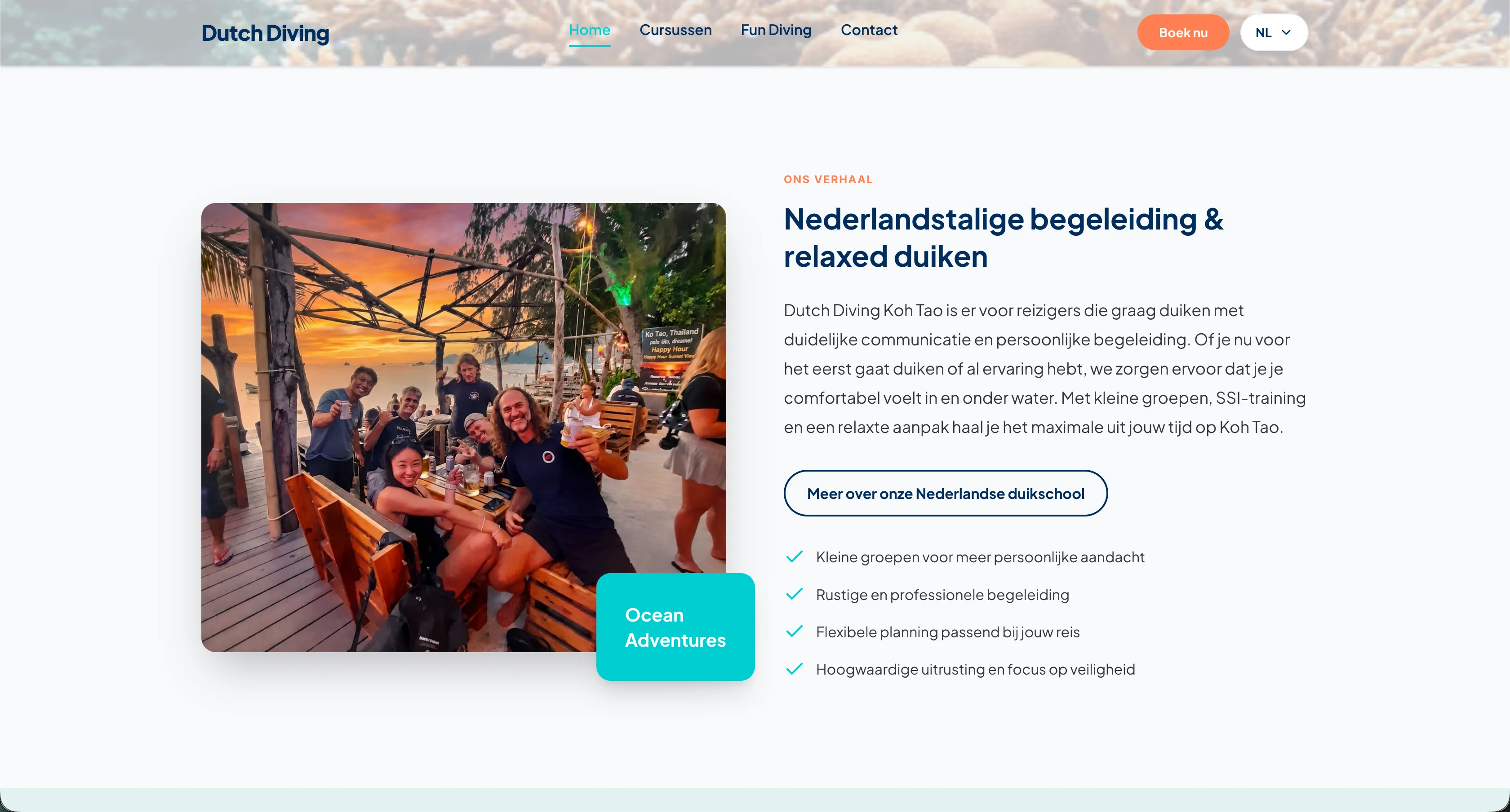 Website van Dutch Diving Koh Tao met informatie over Nederlandstalige begeleiding
