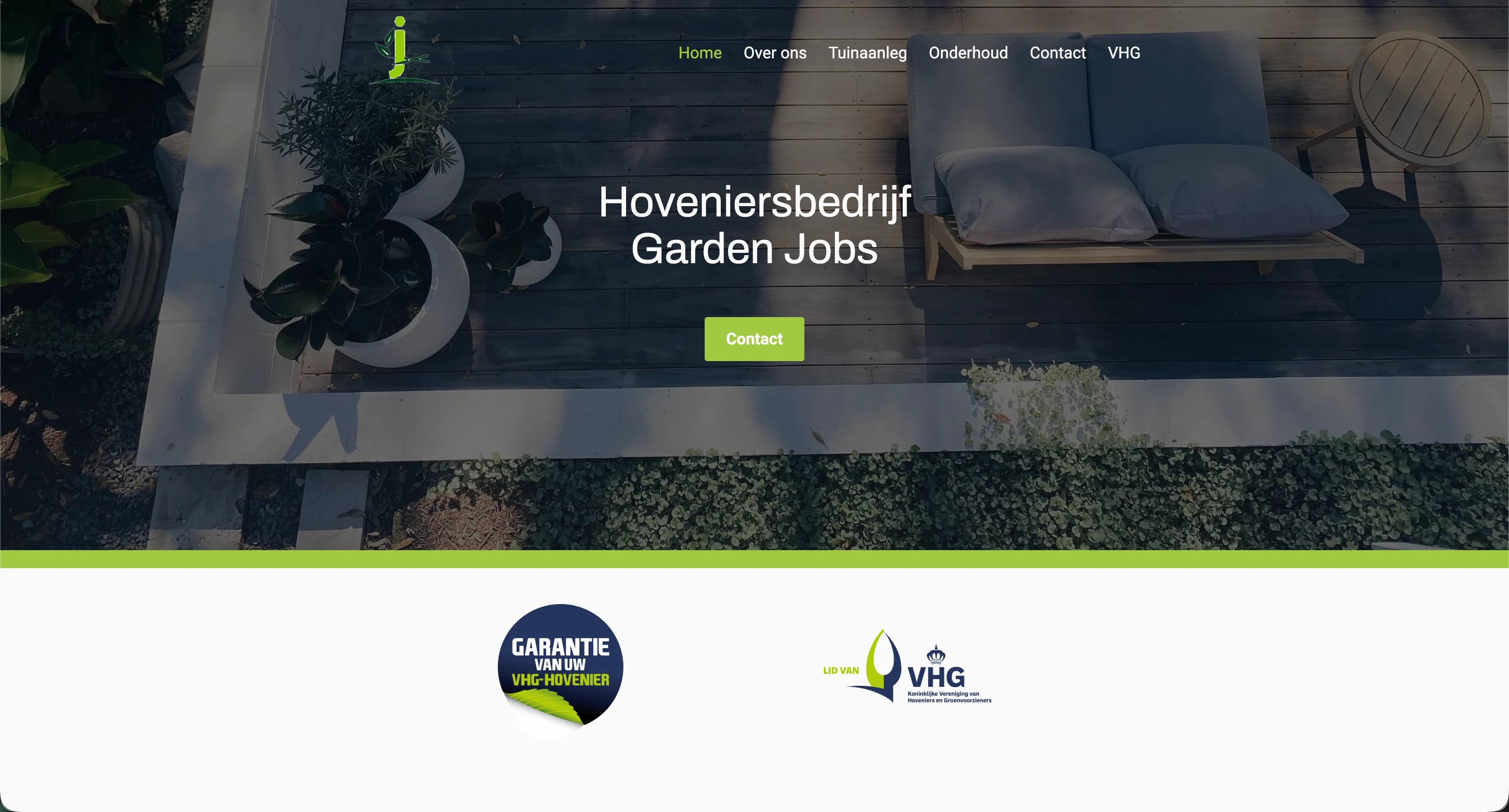 Homepage van Garden Jobs met een tuin en contactknop