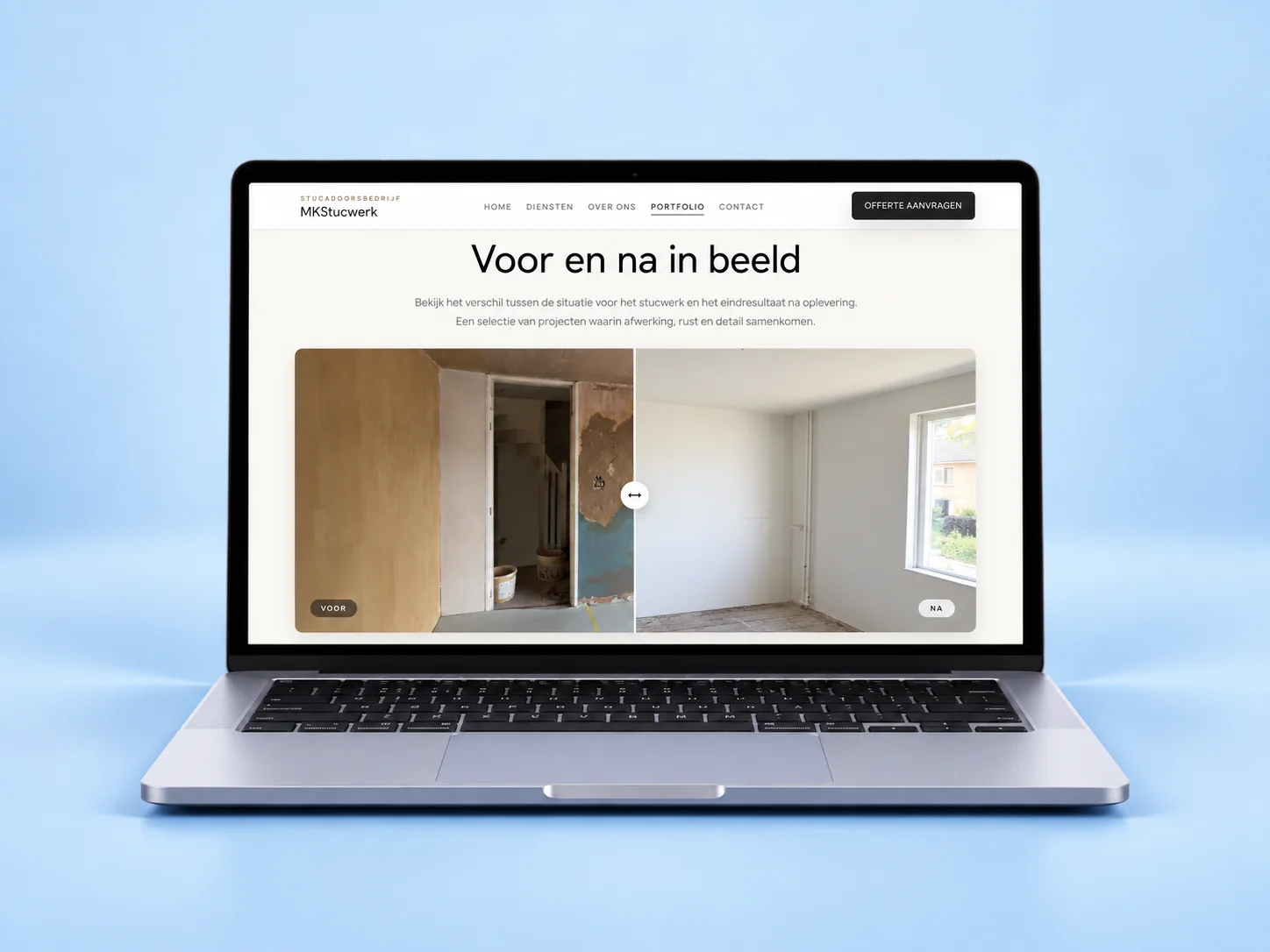 MKStucwerk website weergegeven op een laptop