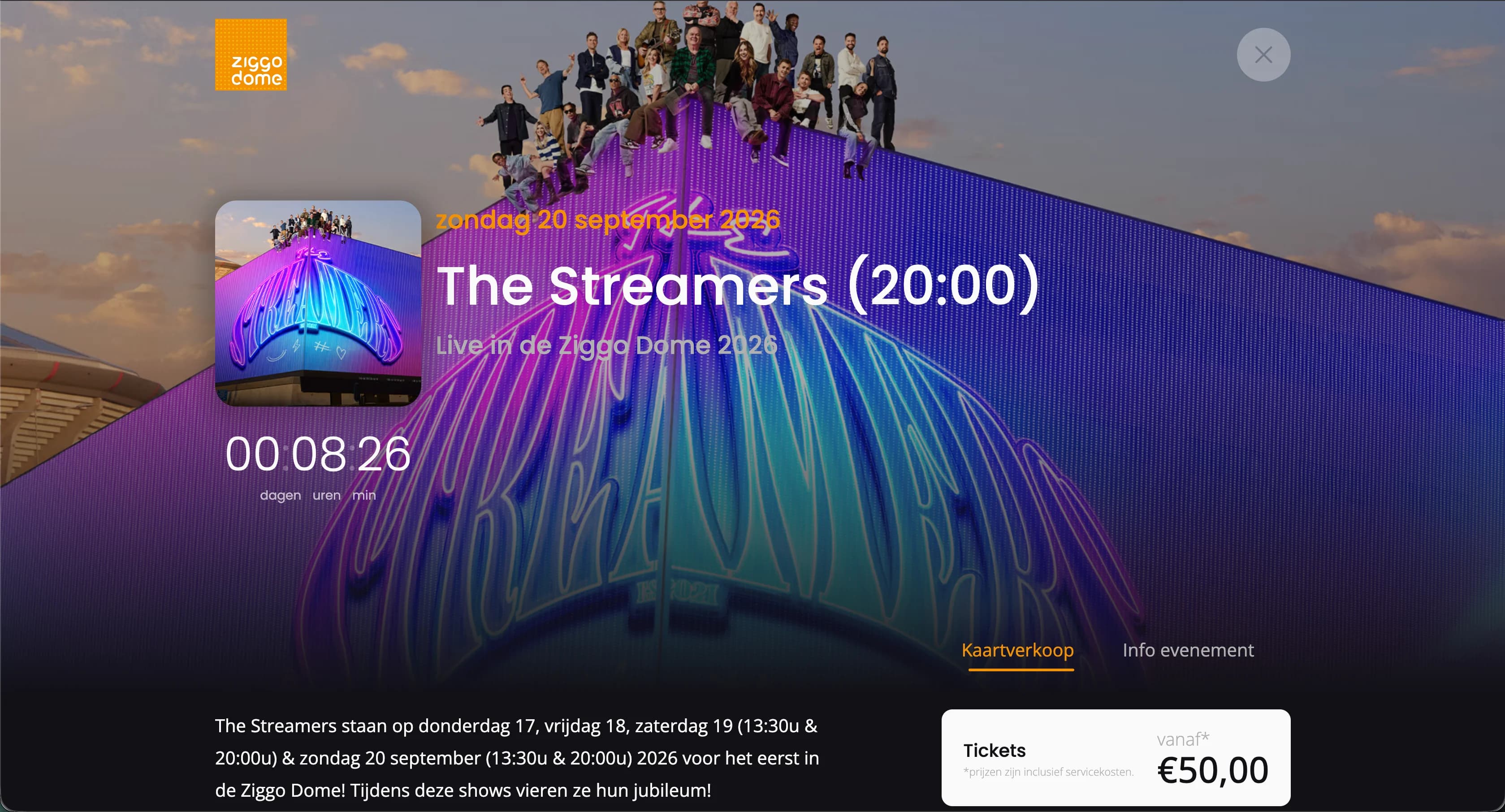 Homepage van Ziggo Dome met concertaanbod
